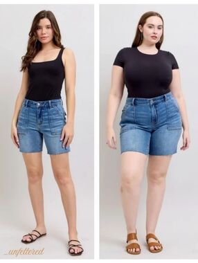 Judy Blue MR Medium Wash Bermuda Shorts Patch Flap Pocket Various Plus NEW